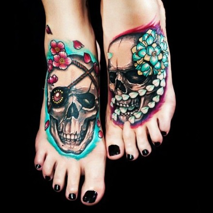 Flower Skull Foot Tattoo