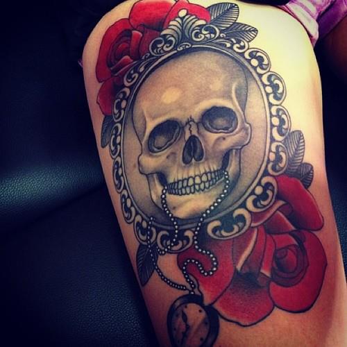 Skull And Roses Tattoo On Thigh