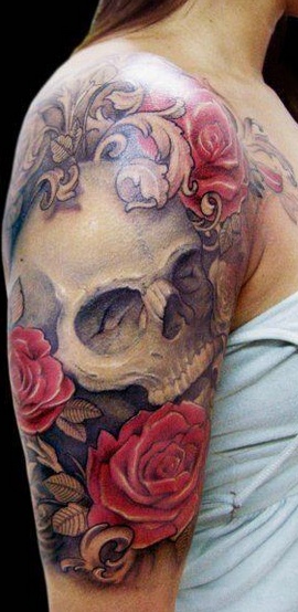 Skull And Roses Tattoo For Girls
