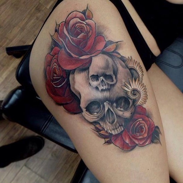 Skull And Roses Tattoo For Girls
