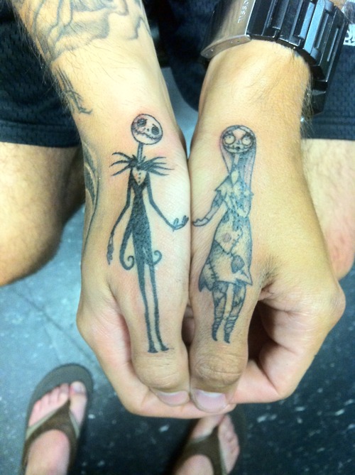 jack and sally tattoos on hands.