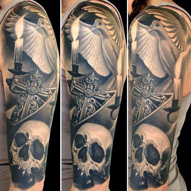 Skull sleeve tattoo by Nikko Hurtado