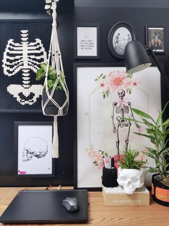 Skull gothic macrame wall decor, macrame plant hanger, skeleton posters